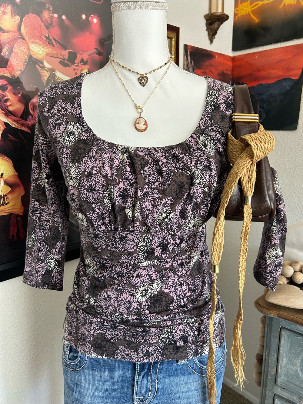 Ann Taylor Babydoll Top Womens S Fairy Grunge Y2K Floral Fitted 3/4 Sleeves 90s